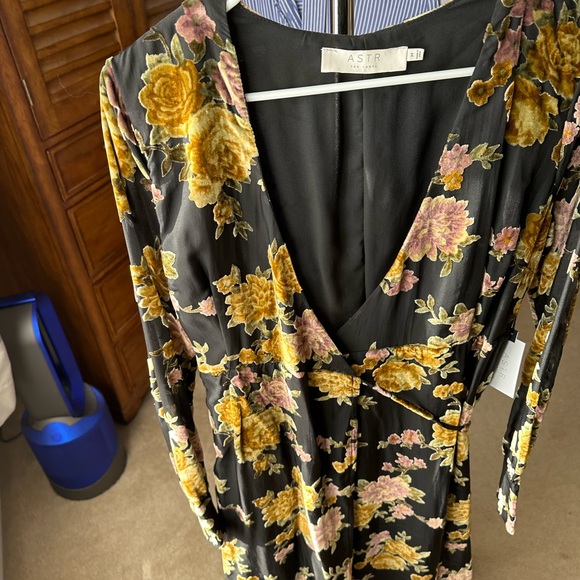 Astr the Label Women’s Midi Wrap Dress, Size M, Black Yellow Flowers, Velvet - Picture 3 of 4